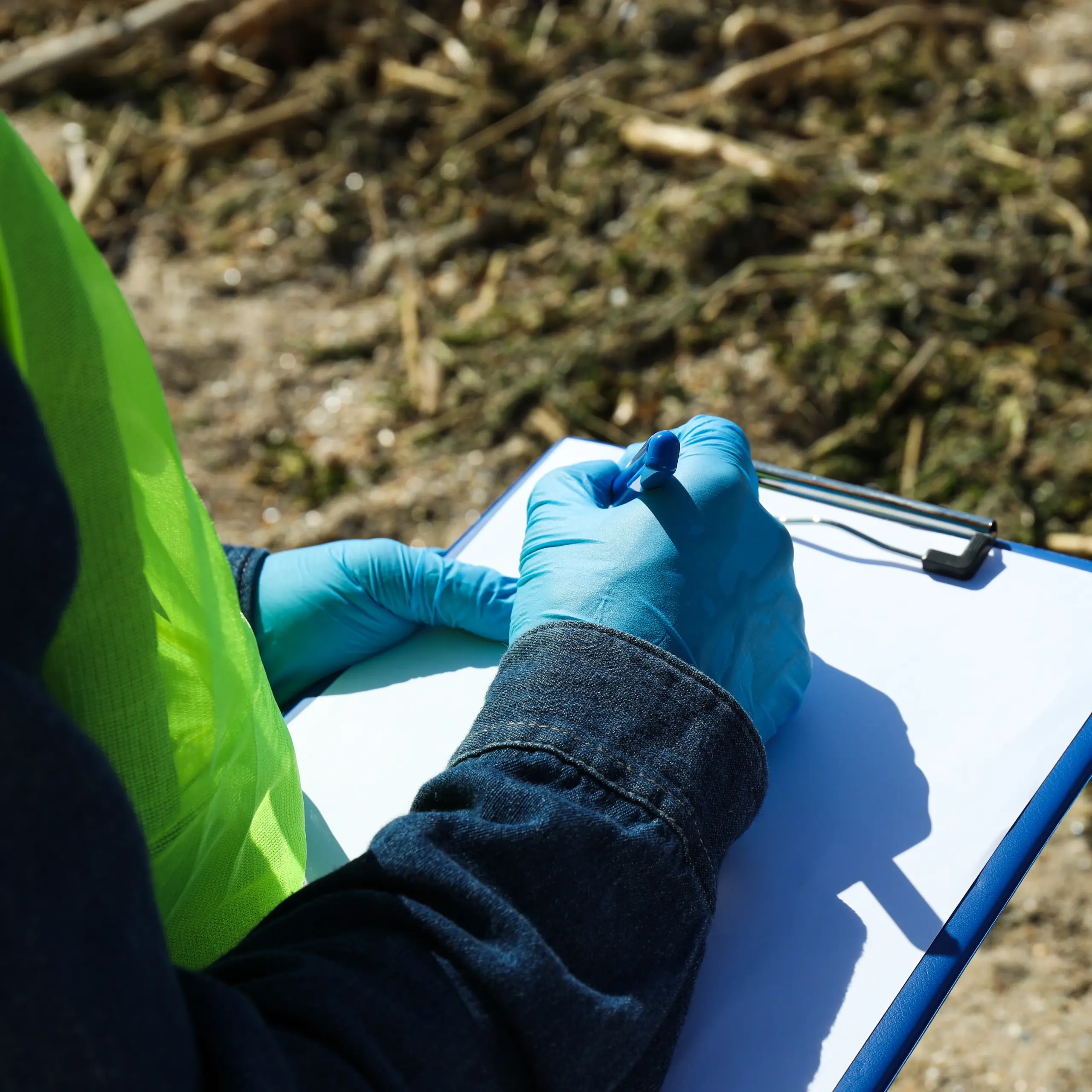 man-examines-pollution-reservoir-takes-notes